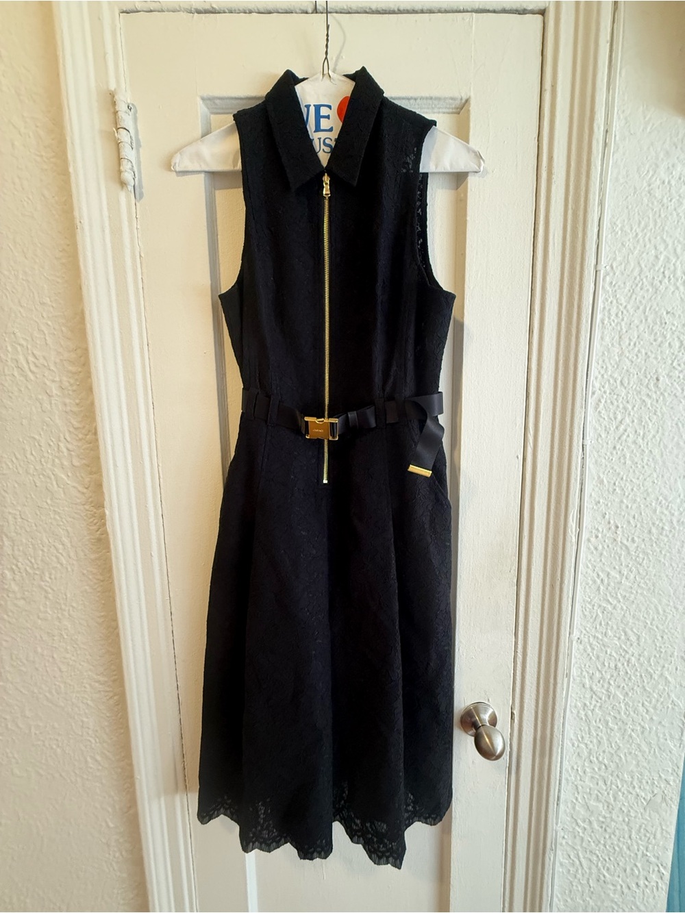 L'AGENCE Sleeveless Black Lace Midi Dress with Gold Zip & Belt NWT